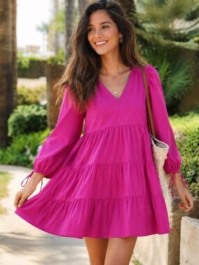 Zara Poplin Tiered Mini Dress 3/4 Sleeve Panelled Magenta Pink Size Medium